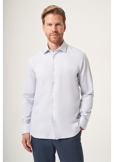 İmza Gri İtalyan Yaka Oxford Slim Fit Kolay Ütü Pamuklu Gömlek 1004265270