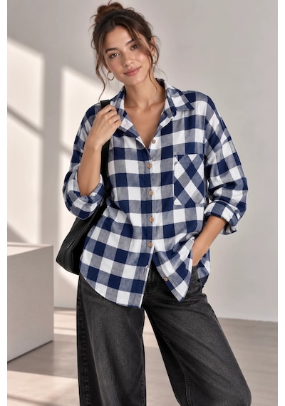 Bb Butik Basic Kadın Ekose Gömlek Oversize Oduncu Gömlek Uzun Kollu Cepli Günlük Tr0935 Lacivert