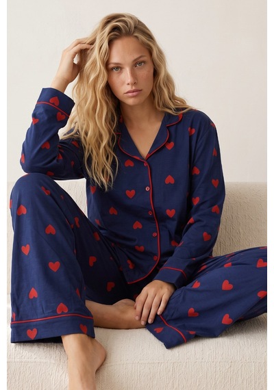 Siyah İnci Düğmeli Biyeli Oversize Pamuklu Örme Pijama Takım 8071 Lacivert
