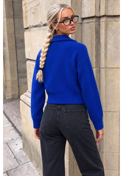 Cool Tarz Kadın Stardart Beden Çift Fermuarlı Dik Yaka Crop Triko Hırka Saks Saks