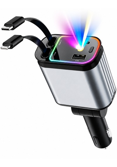 3'ü 1 Arada Hızlı Araç Şarj Cihazı Usb + Type-c + İos Entegre Kablolu Pd Hızlı Şarj 180 Dönebilen Başlık Led Aydınlatmalı
