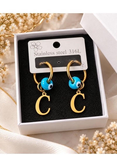 Cm Jewelry C Harfi Nazar Boncuklu 316l Çelik Halka Küpe Altın