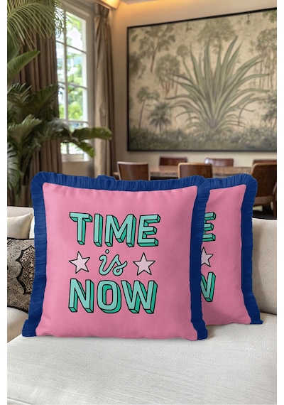 Pop Art Yıldızlı Time İs Now Saçaklı Yastık Kılıfı - Enerjik Pembe Lacivert Püsküllü Kırlent Kılıfı Sakin Vadi Saten