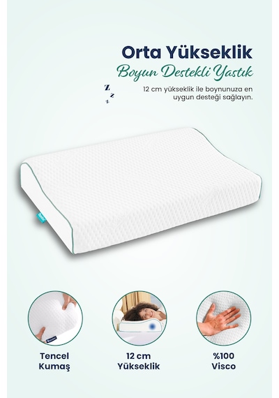 Orta Yüksek Boyun Destekli Ortopedik Visco Yastık 60x40x12-8cm Beyaz