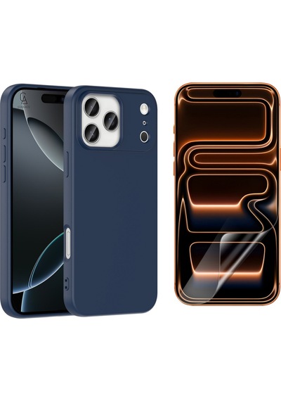 Apple Uyumlu iPhone 17 Pro Max Içi Kadife Lansman Kılıf Ve Mat Seramik Tam Kaplayan Ekran Koruyucu Lacivert