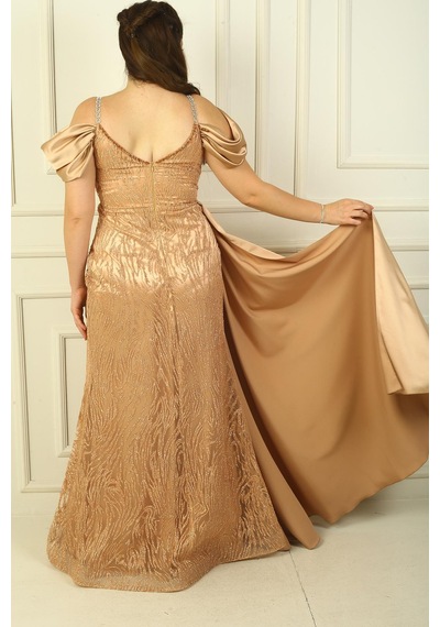 By Saygı Zincir Askılı Ön Arka V Yaka Düşük Kollu Simli Flok Baskılı Astarlı Uzun Balık Elbise-34043 Gold By Saygı Zincir Askılı Ön Arka V Yaka Düşük Kollu Simli Flok Baskılı Astarlı Uzun Balık Elbise-34043 Gold