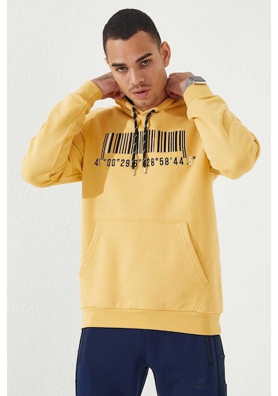 Tommy Life Hardal Nakışlı Kanguru Cep Standart Kalıp Kapüşonlu Erkek Sweatshirt - 87839 HARDAL Hardal