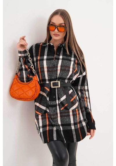 Polologin Butik Kadın Turuncu Siyah Kanguru Cepli Spor Kesim Araboy Gömlek Turuncu