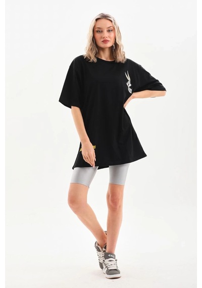 Kadın Baskılı Oversize Kısa Kol T-shirt - Siyah Siyah