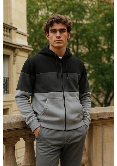 Markapia Erkek Fermuarlı Kapüşonlu Cepli İçi Polarlı Parçalı Sweatshirt Siyah