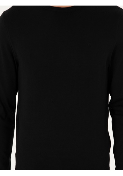 Cacharel Siyah Slim Fit Yün Karışımlı Bisiklet Yaka Basic Triko Kazak