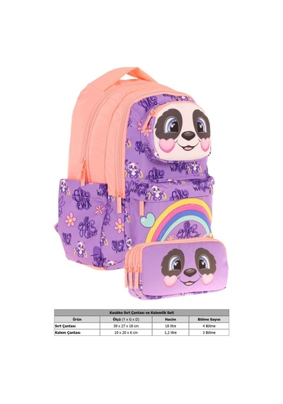 Kaukko Kids Toys Kız Çocuk Mor Somon 3d Panda Şekilli İlkokul Çantası Ve Kalemlik Seti L5233+l8233 Mor