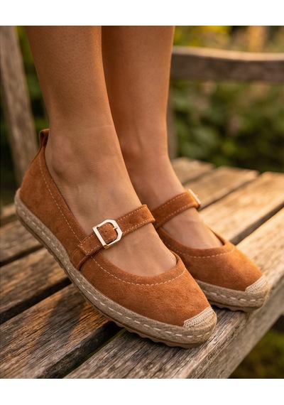 Futsishoes Coral Taba Hakiki Deri Toka Detaylı Kadın Espadril Ayakkabı
