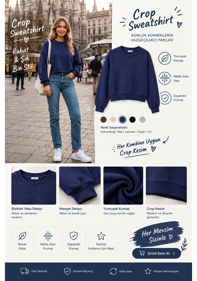 Luxıc Core Kadın Crop Bisiklet Yaka Sweatshirt Pamuklu Yumuşak Dokulu Günlük Spor Sweatshirt Mavi
