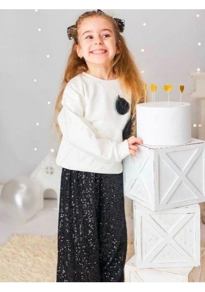 Çikoby Kız Çocuk Sweati Gül Detaylı Pul Payet Pantolonlu Takım-14881 Ekru