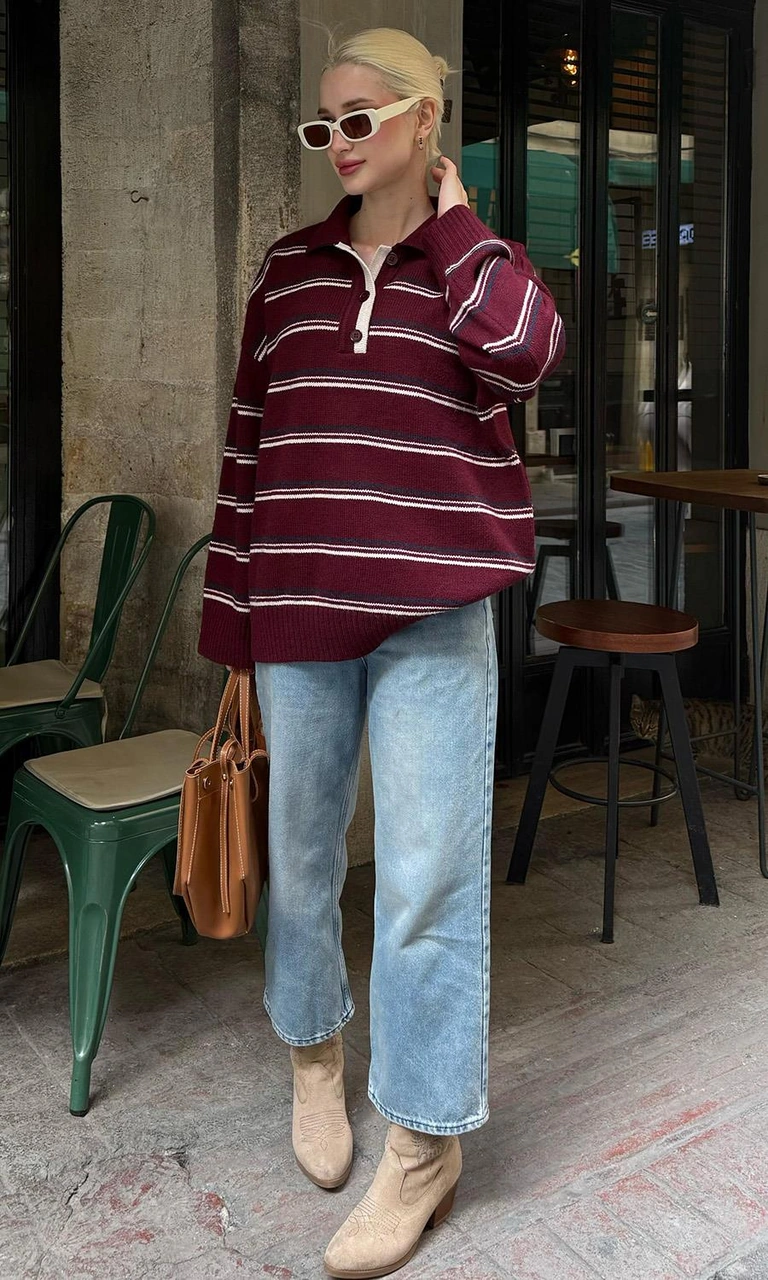 Madmext Bordo Çizgili Düğmeli Polo Yaka Kazak Mg2357 Bordo