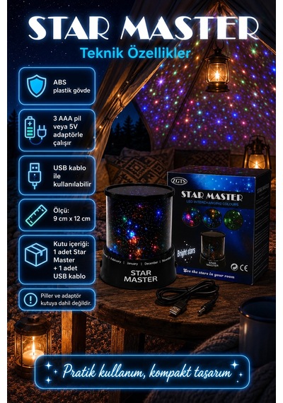 Dekoratif Led Yıldız Gece Lambası Renkli Işık Efektli Oda Atmosfer Projektörü Çok Renkli