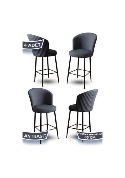 Canisa Alte Serisi 4 Antrasit Sandalye 65 Cm Ada Mutfak Bar Sandalyesi Babyface Kumaş Siyah Metal Ayak Sandalyeler Antrasit Ayaklar Siyah