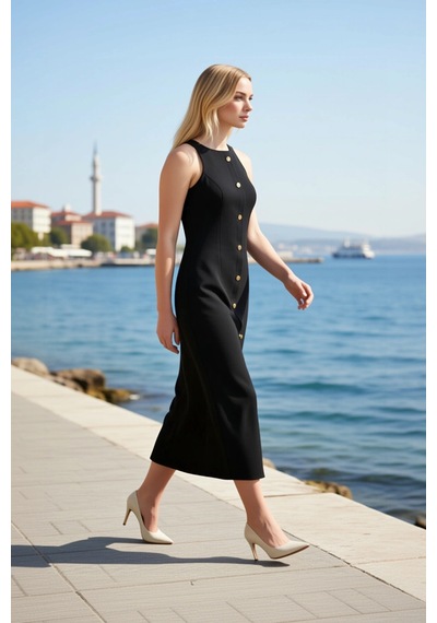 Benerly Kadın Kolsuz Halter Yaka A-line Midi Dokuma Elbise Düğmeli Kapama Siyah