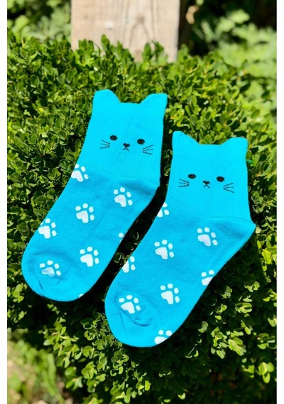 Lousocks Unisex Sevimli Kedi Kulaklı Pati Desenli Soket Çorap Turkuaz