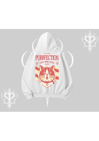 Live Nine Lives Kedi Tasarımlı Kapşonlu Sweatshirt Beyaz