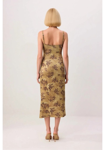 Benerly Kadın İnce Askılı Kare Yaka Çiçek Desenli Bodycon Midi Esnek Örme Yeşil