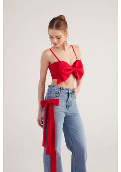Holly Lolly Yüksek Bel Kurdele Detaylı Wide Leg Kyla Jean Pantolon Mavi