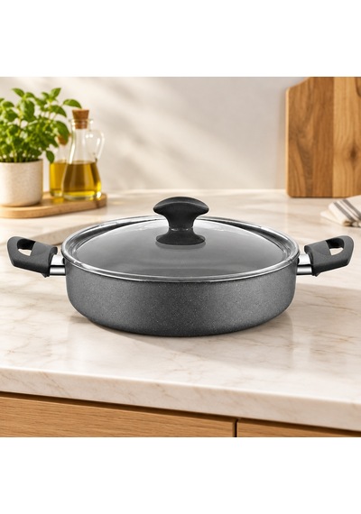 Granit Basık Karnıyarık Tencere Cam Kapak Sarı