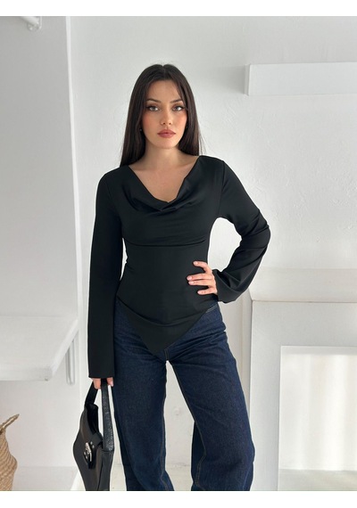 Ckm Moda Drapeli Uzun Kollu Bluz Siyah