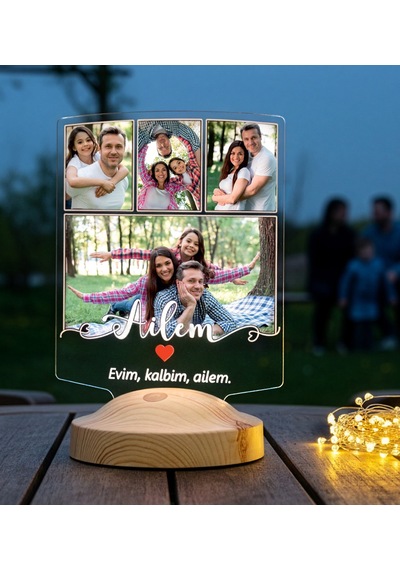 Fotoğraflı Ailem Led Lamba Aile Hatırası Sevgi Dolu, Anlamlı Aile Hediyesi