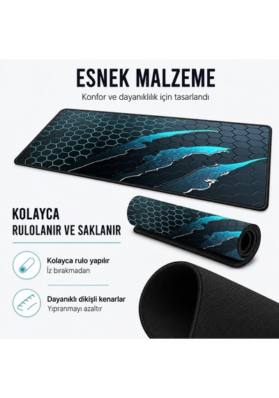 90x40 Cm Mouse Pad, Turkuaz Pençe Hexagon Desenli Büyük Mouse Pad, Kaymaz Kauçuk Tabanlı, Dikişli Kenarlı 3 Mm Klavye Ve Mouse Altlığı, Gaming Desk Mat