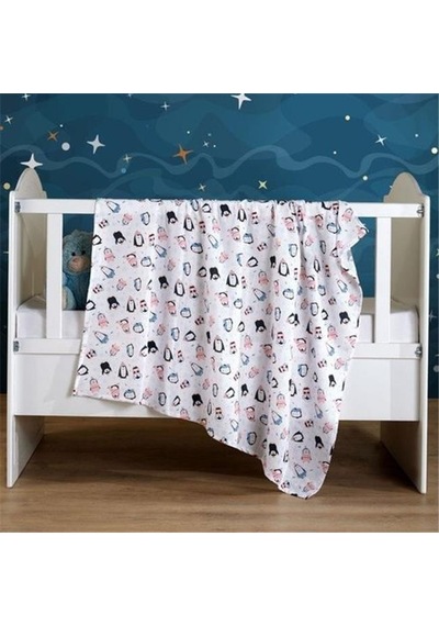 Vagonik Pembe Desenli Bebek Çok Amaçlı Büyük Boy Müslin Örtü & Battaniye 100x120 Beyaz