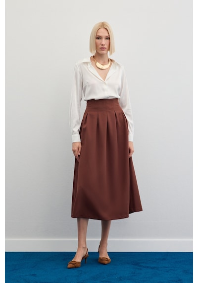Sateen Pileli Midi Etek - Kahve-136478 Kahve