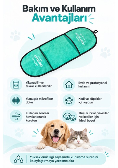 Artero Zumba Kedi Köpek Yüksek Emici Mikrofiber Cepli Kurulama Ve Kurutma Havlusu 64x23 Cm
