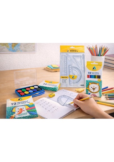 Okula Başlangıç Seti 12 Li Sulu Boya, Kuru Boya, Pastel Boya Ve Geometri Çizim Seti
