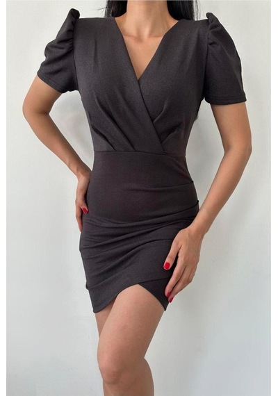 Lior Design Kadın Minimal V Yaka Pile Detaylı Mini Abiye Elbise Siyah