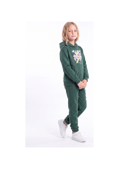 Panios Kids Kız Çocuk Baskılı Kanguru Cepli Kapüşonlu Eşofman Takımı Haki