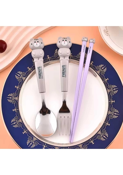 Hayvan Figürlü Çocuk Çatal Kaşık Ve Chopstick Seti 3'lü Takım Pembe