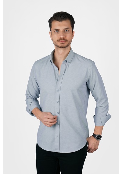 Gri Yaka Düğmeli Premium Şamre Slimfit Erkek Gömlek Gri
