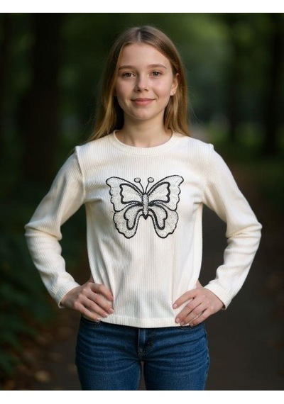 Zekids Kız Çocuk Fitilli Boncuklu Kelebek Detaylı Uzun Kollu T-shirt-16382 Beyaz