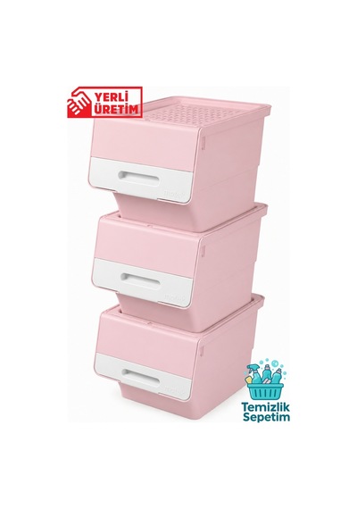 3 Katlı Tekerlekli Kapaklı Saklama Kutusu, Eşya Ve Erzak Organizer 3x12 Litre Pembe Pembe Pembe