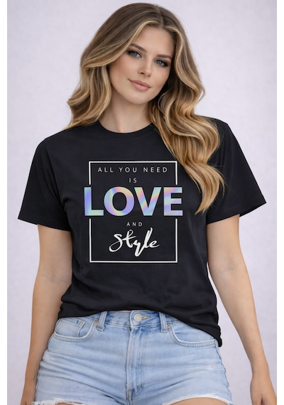 Herkesemoda All You Need Love Baskı Detaylı Basic T-shirt Siyah