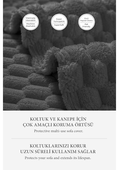 Soft Kürklü Koltuk Örtüsü 170x215 Cm Yumuşak Peluş Kaymaz Taban Kanepe Örtüsü Antrasit