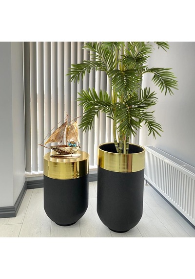 Dekoratif Gold Darbuka Siyah Saksı 70 Cm+sehpa 60 Cm İkili Set