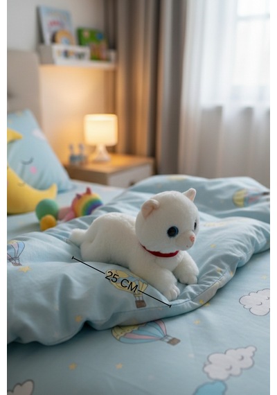 Miyavlayan Peluş Kedi 25 Cm - Yumuşacık Tüylü Sesli Uyku Arkadaşı Ve Hediye Kedi Oyuncak Beyaz