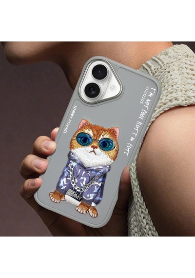 Apple Uyumlu iPhone 16 3d Gerçek Nakış İşleme Gözlük Ve Zincir Detaylı Köpek Desenli Kılıf Şeffaf