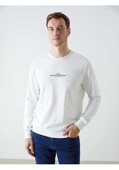 Lcwaıkıkı Classic Beyaz Bisiklet Yaka Uzun Kollu Baskılı Erkek Sweatshirt