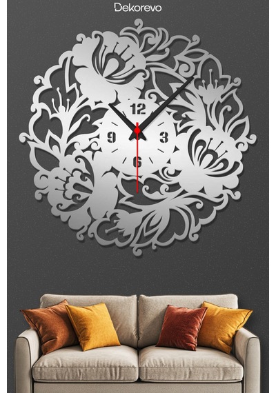 Çiçek Desenli Dekoratif Metal Duvar Saati - Krom - 50 X 50 Cm