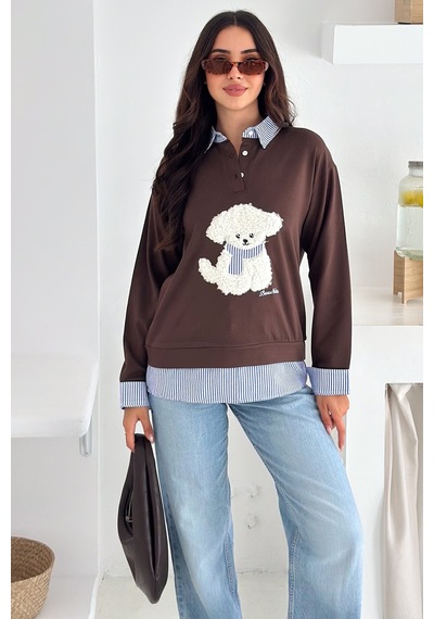 Kadın Nakış Peluş Ayıcık Figürlü Sweatshirt Eğlenceli & Şehirli Stil Kahverengi
