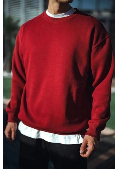 Freedom Storee Erkek Kışlık Bisiklet Yaka Üç İplik Basic Sweatshirt - Bordo Çok Renkli
